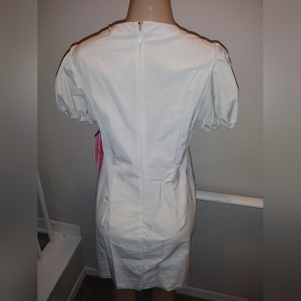 LDT Lace Up Split Round Neck Short Puff Sleeve Mini Dress - Picture 8 of 12